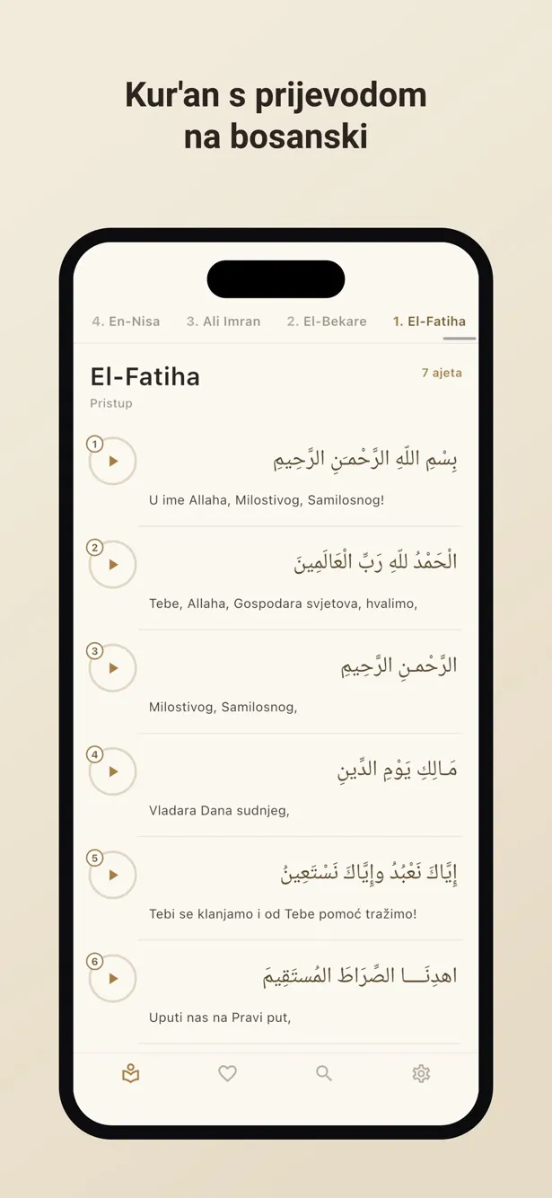 Sura El-Fatiha sa arapskim tekstom i bosanskim prijevodom ajet po ajet