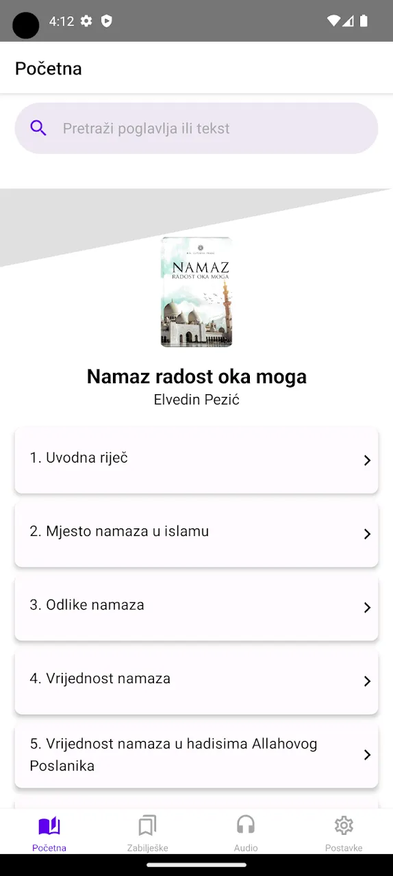 Početni ekran sa naslovnicom knjige i poglavljima