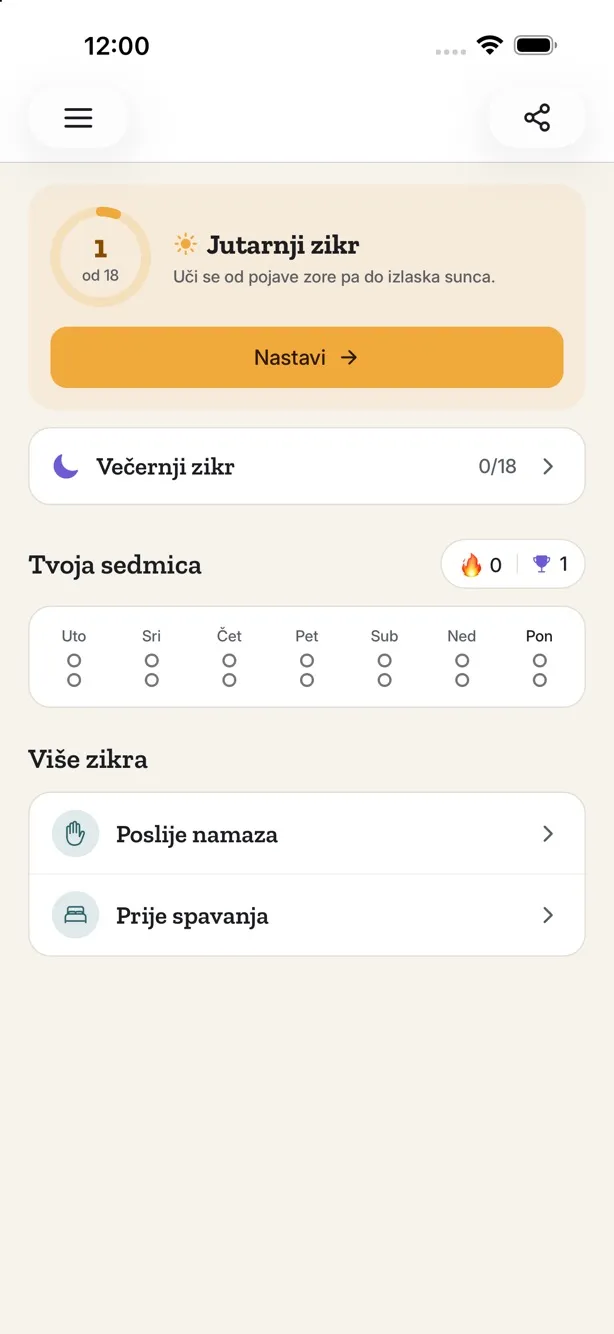 Početni ekran s jutarnjim i večernjim zikrom, tvojom sedmicom i zbirkama poslije namaza i prije spavanja