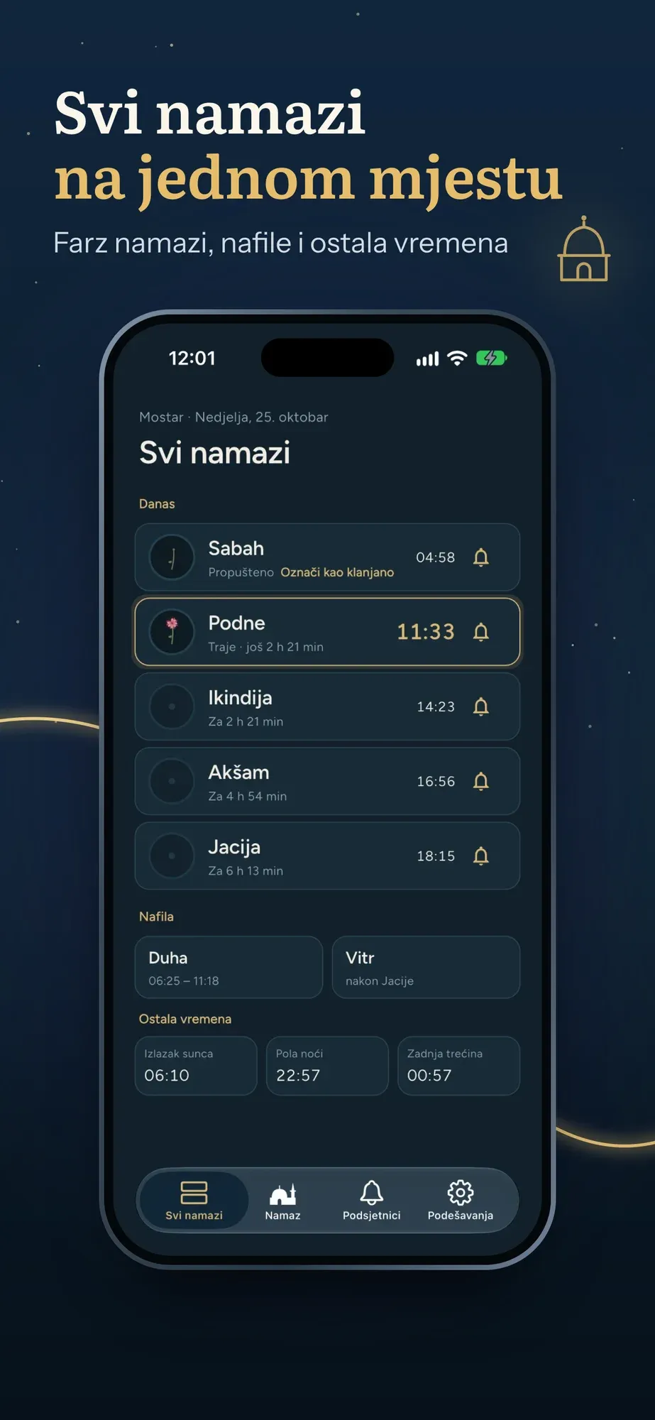 Ekran Svi namazi s farz namazima za danas, nafilom i ostalim vremenima