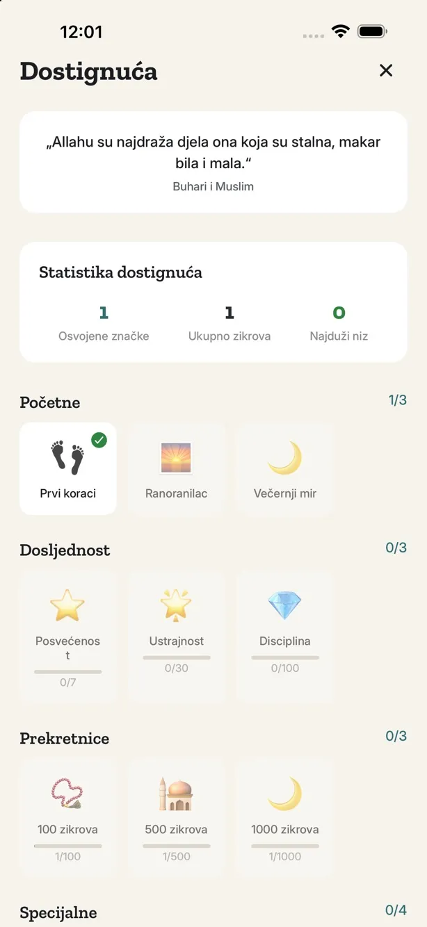 Dostignuća: značke za početak, dosljednost i prekretnice