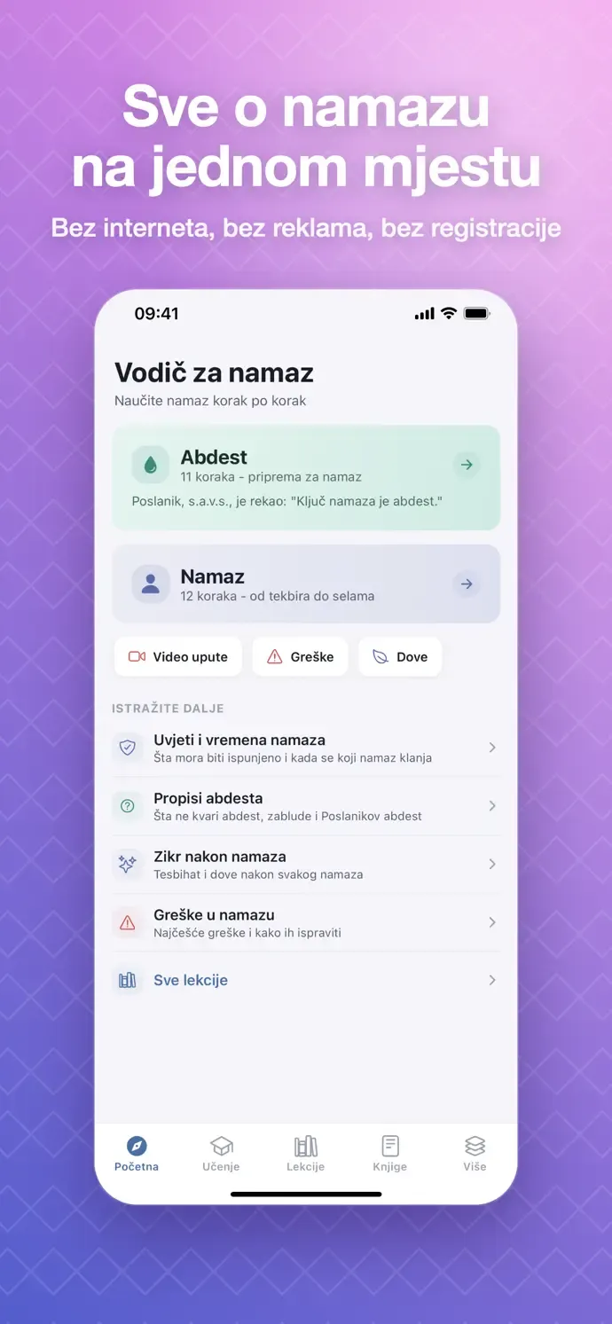 Početni ekran sa abdestom i namazom